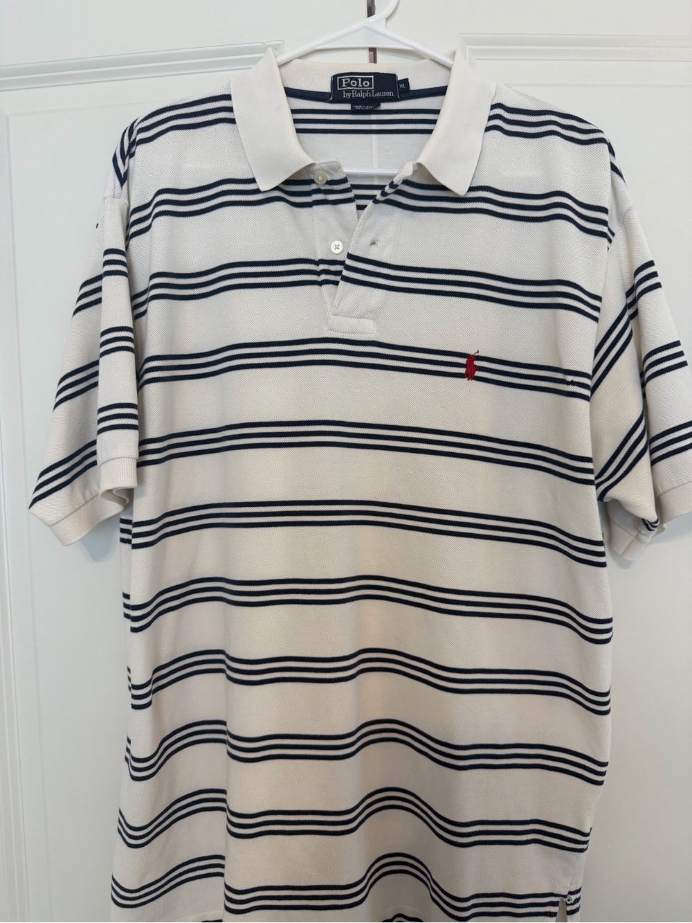 Vintage Ralph Lauren Men’s Cream Polo with Navy Stripes and Red Pony